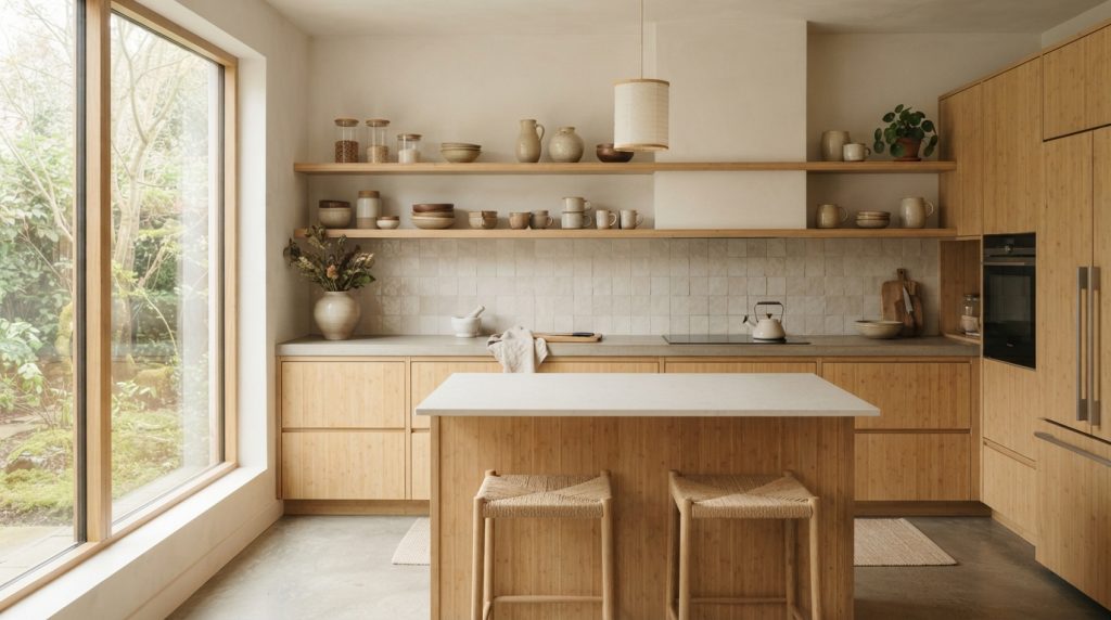 Japandi open kitchen design ideas with natural wood cabinets and minimalist decor