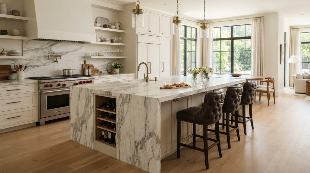 Open kitchen design ideas with large island, bar stools and pendant lighting