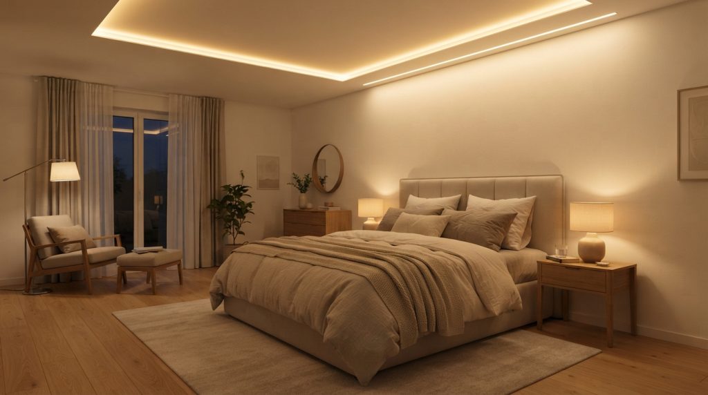 20 Bedroom Lighting Ideas featuring warm LED ceiling lighting
