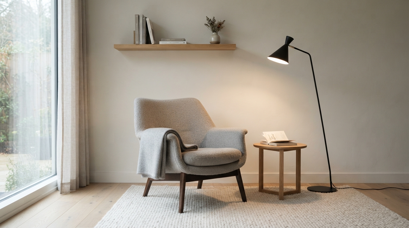 Minimalist lamp illuminating a simple modern reading corner