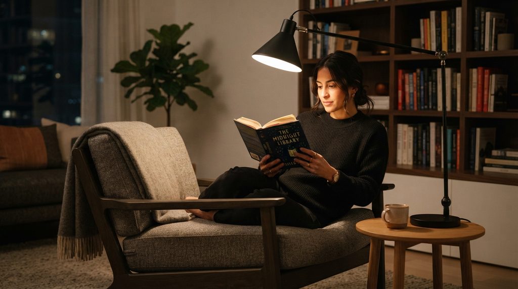 Adjustable reading lamp illuminating a cozy reading corner