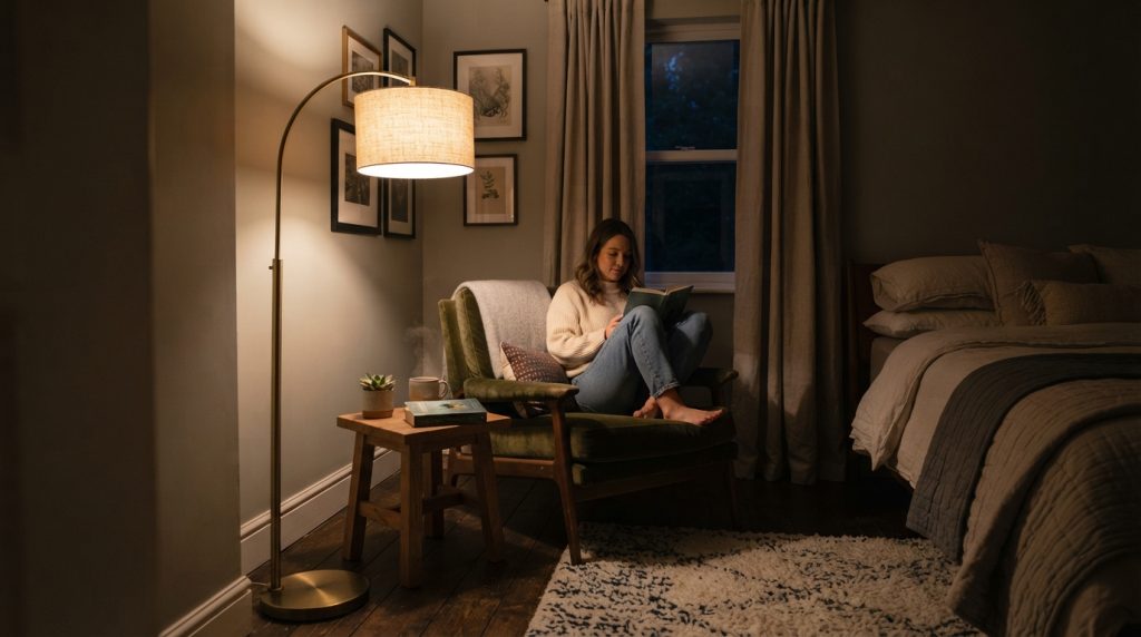 20 Bedroom Lighting Ideas featuring a stylish floor lamp in a bedroom corner