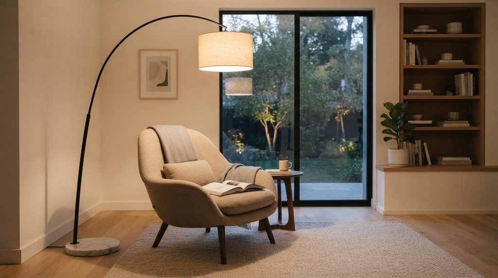 Reading corner lighting ideas with arc floor lamps creating a cozy and stylish reading nook
