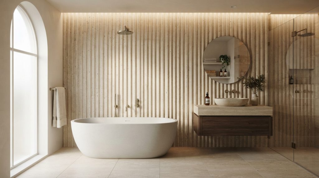 Bathroom tile ideas featuring textured three-dimensional wall tiles