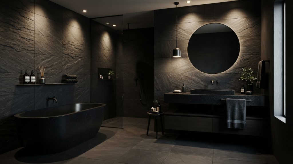 Dramatic bathroom tile ideas featuring black tiles and modern bathroom fixtures