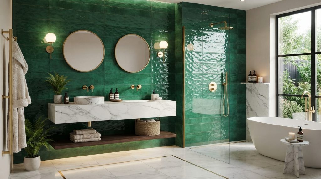 Bright bathroom tile ideas featuring glossy white wall tiles