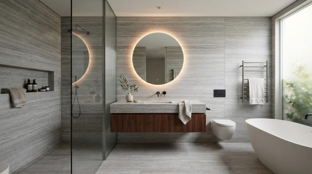 Natural bathroom tile ideas using earthy stone tiles and warm wood accents