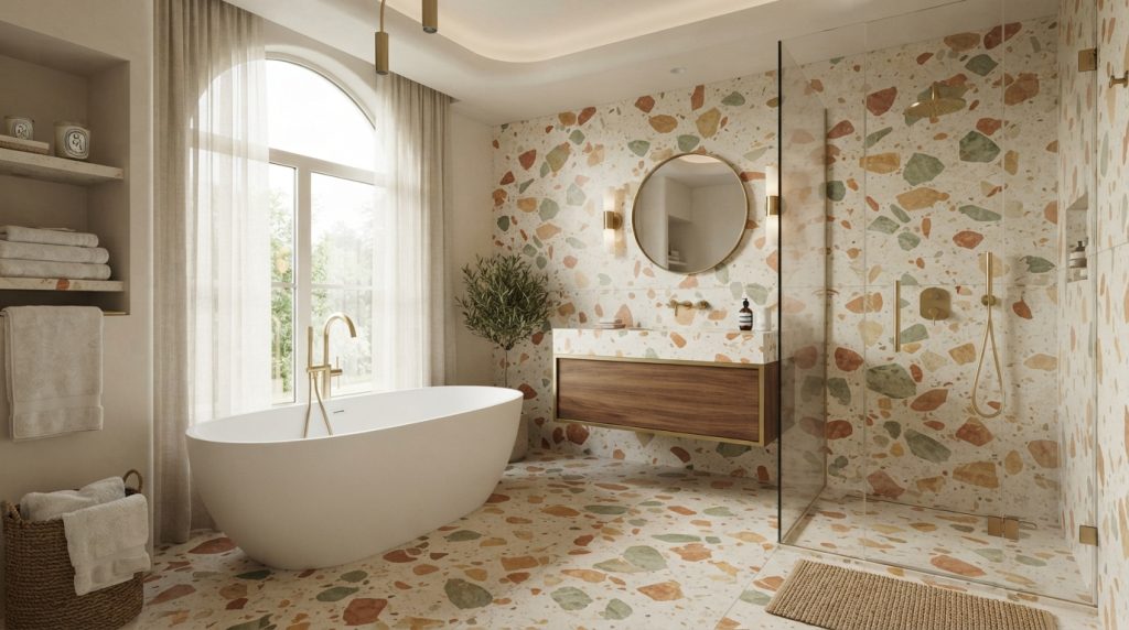 odern bathroom tile ideas featuring terrazzo flooring and neutral walls