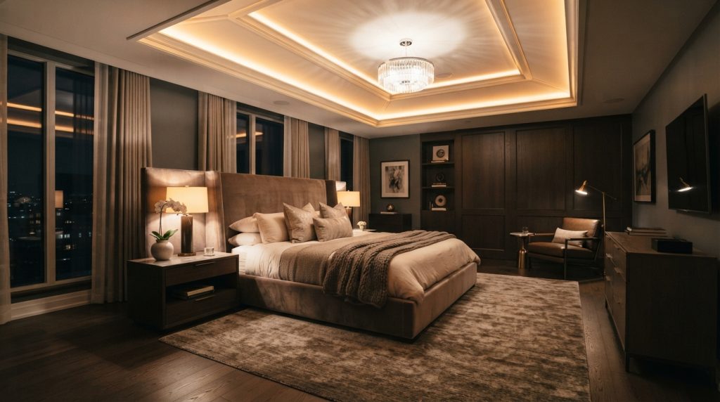 Modern bedroom ceiling with hidden LED strip lighting