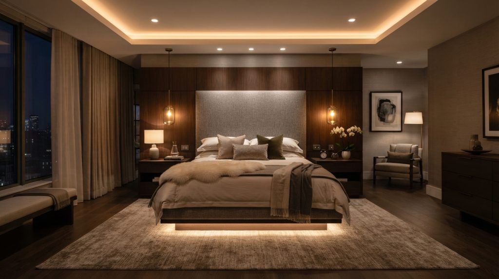 20 Bedroom Lighting Ideas showing layered lighting in a cozy bedroom