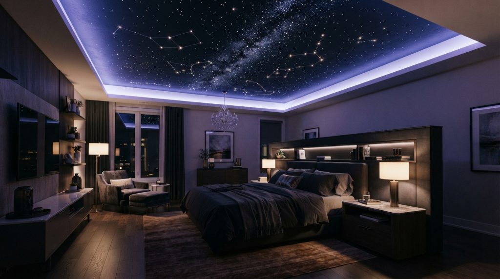 Starry night bedroom ceiling with glowing LED lights