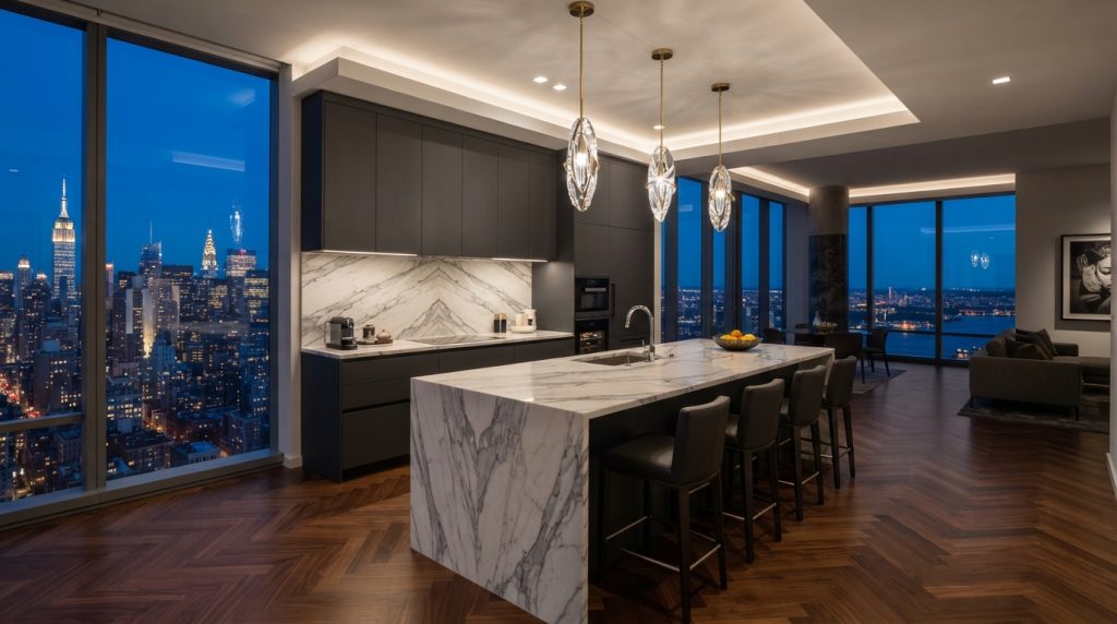 Luxury open kitchen design ideas with marble island and elegant pendant lighting