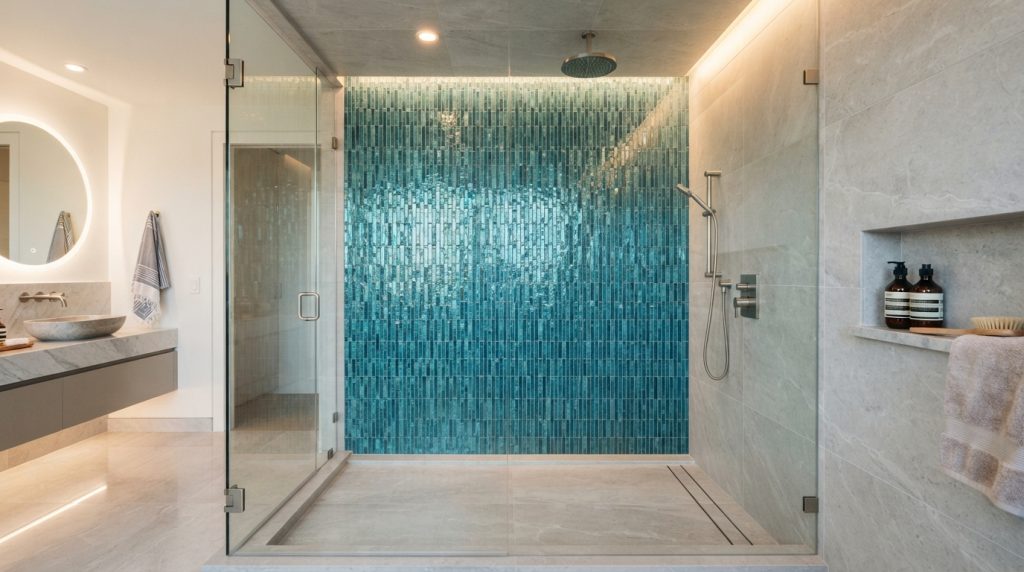 Bathroom tile ideas featuring a stylish accent tile wall inside a modern shower