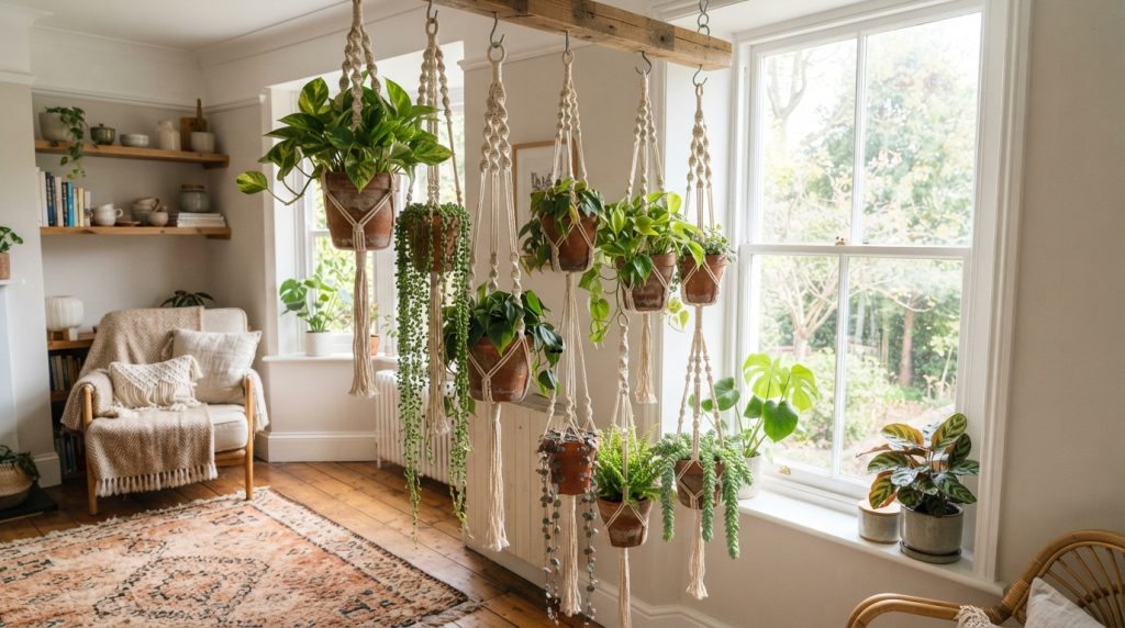 ndoor plant decor ideas with macramé hanging planters