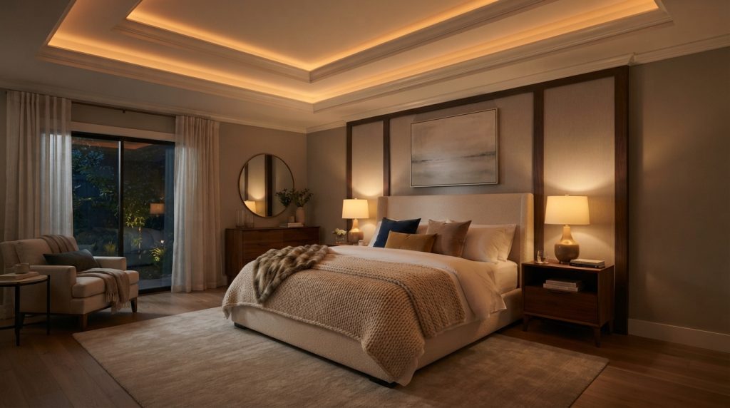 Cozy bedroom with recessed cove ceiling lighting