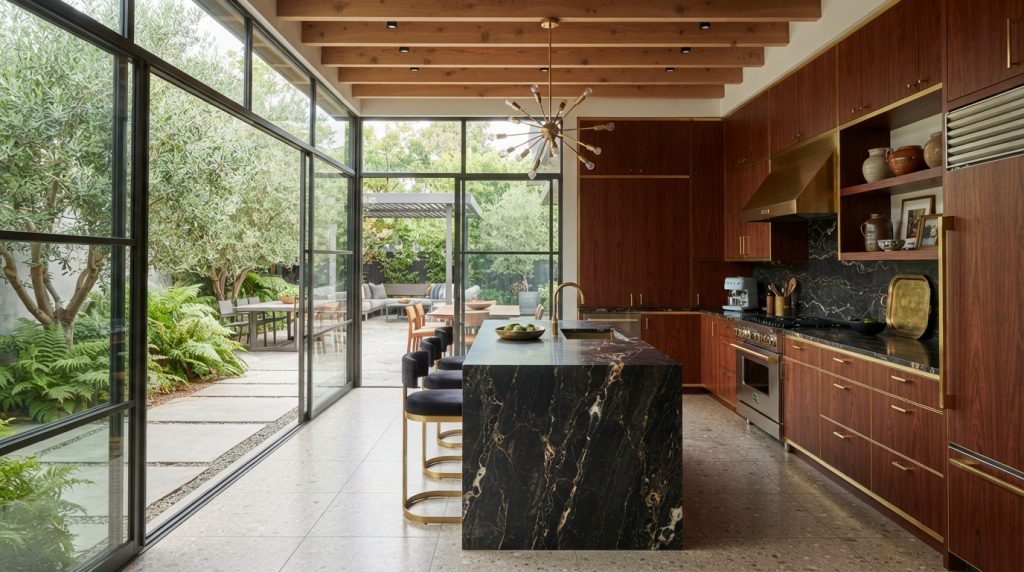 Mid-century modern open kitchen design ideas with warm wood cabinets and retro lighting