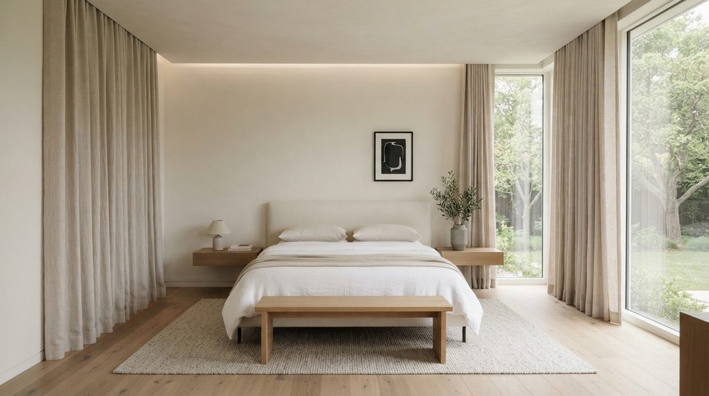 20 Bedroom Curtain Ideas for Modern Interiors 14 Minimalist neutral curtains in a clean modern bedroom