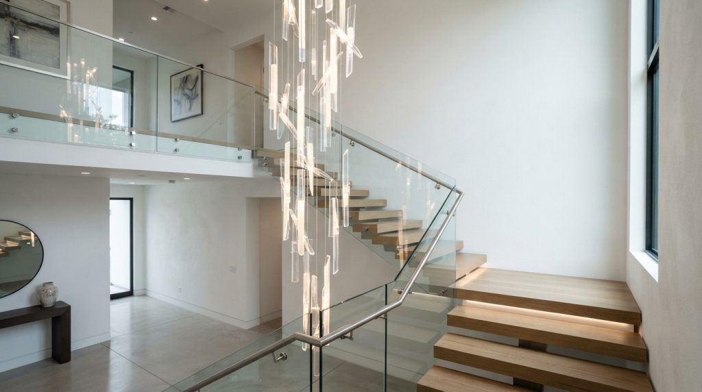 Grand staircase with elegant chandelier lighting in double height foyer