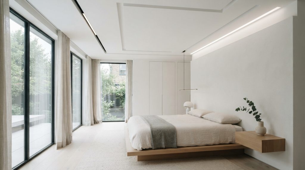 Minimalist white bedroom ceiling with recessed lighting