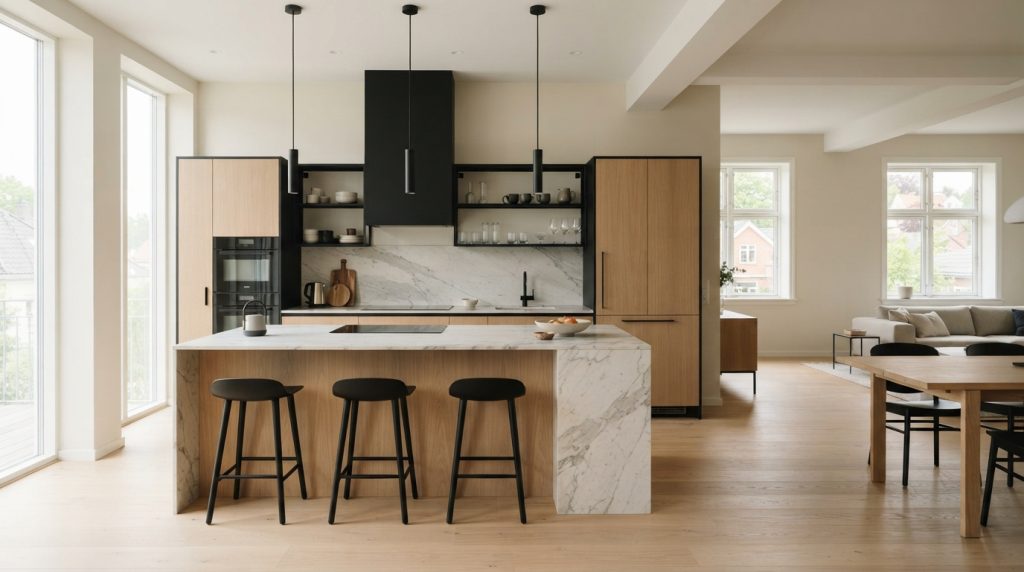 Scandinavian open kitchen design ideas with white cabinets and light wood finishes