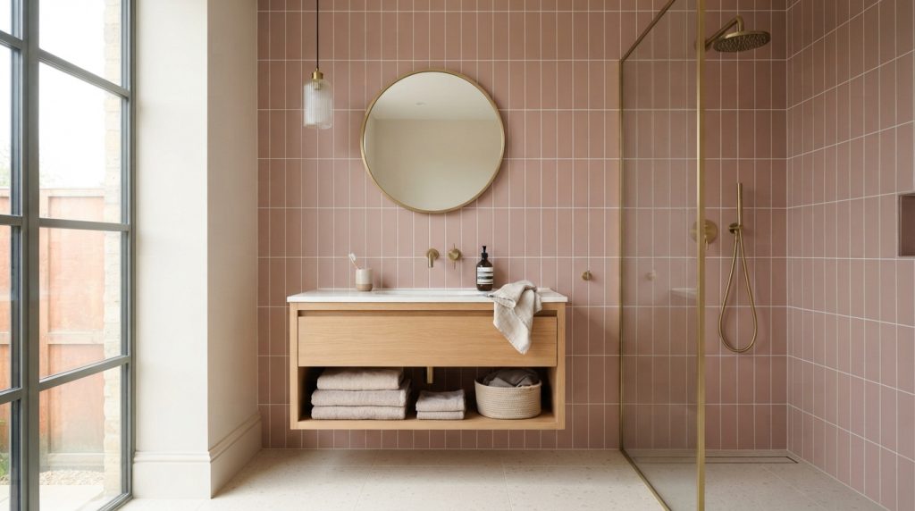 Modern bathroom tile ideas featuring vertically arranged white subway tiles