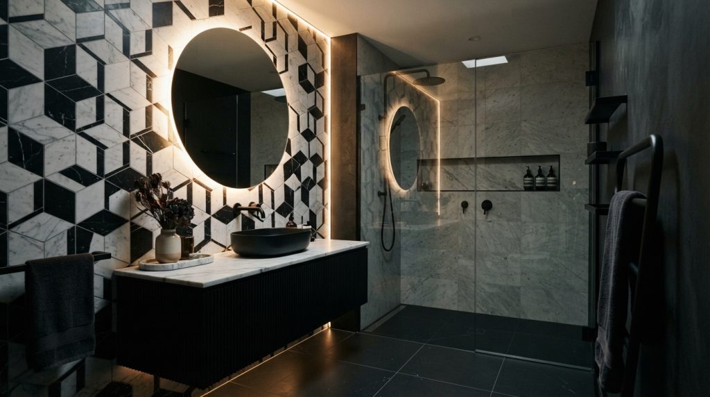Bold bathroom tile ideas with geometric patterned tiles on a modern floor