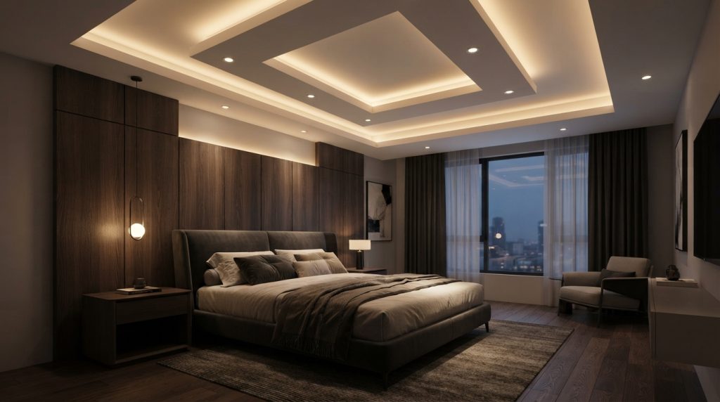 Modern false ceiling bedroom design with recessed LED lighting