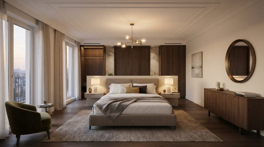 Elegant bedroom ceiling with decorative molding