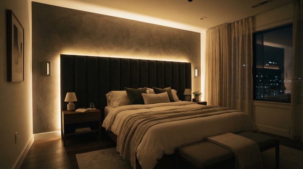 20 Bedroom Lighting Ideas using hidden LED lighting behind the headboard