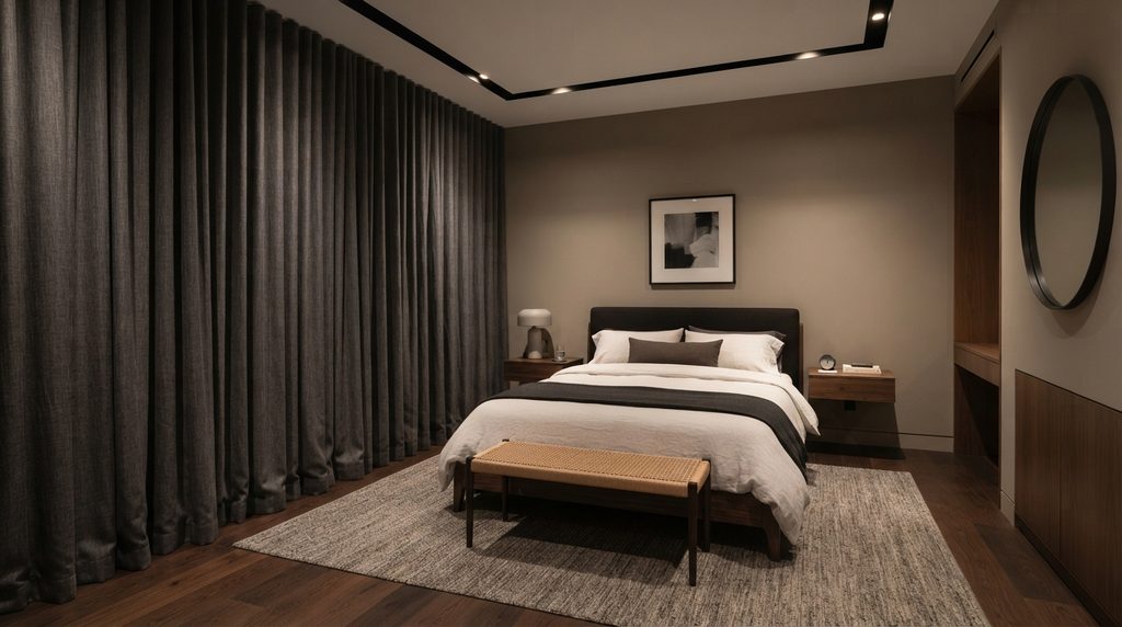 20 Bedroom Curtain Ideas for Modern Interiors 3 Blackout curtains covering bedroom windows in a modern interior