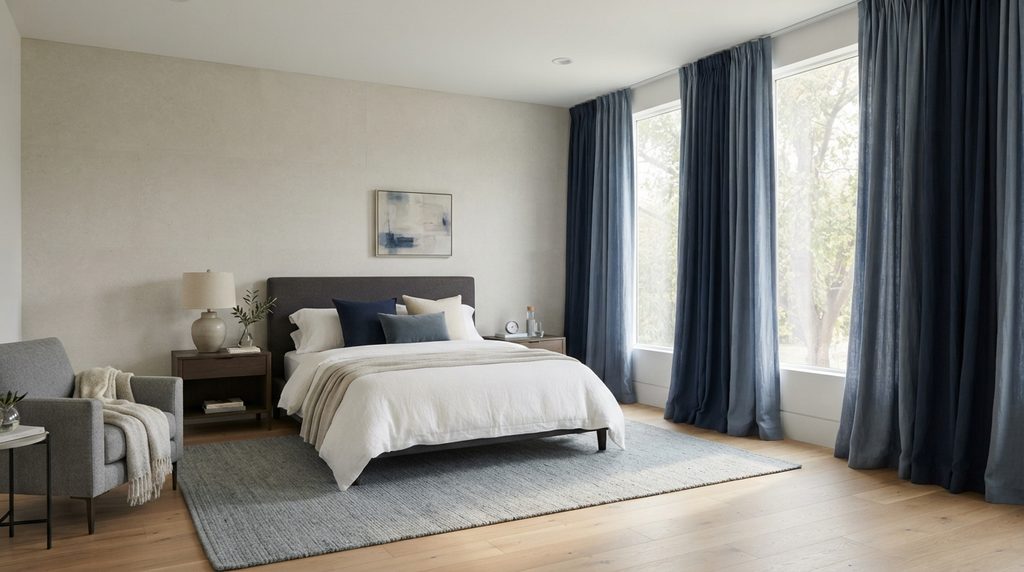 20 Bedroom Curtain Ideas for Modern Interiors 17 Blue curtains creating a calm modern bedroom interior