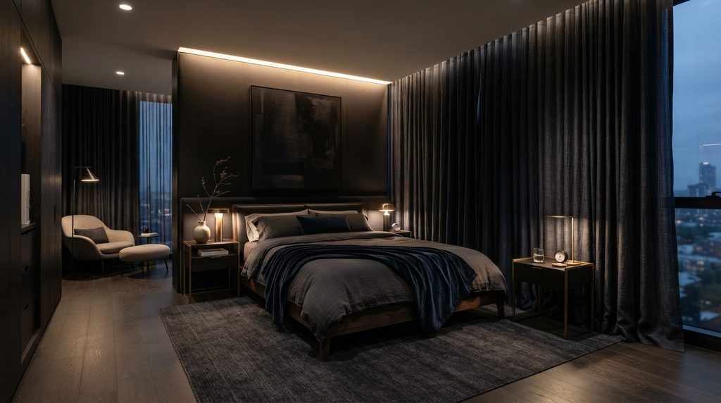 20 Bedroom Curtain Ideas for Modern Interiors 15 Dark charcoal curtains creating a sophisticated modern bedroom
