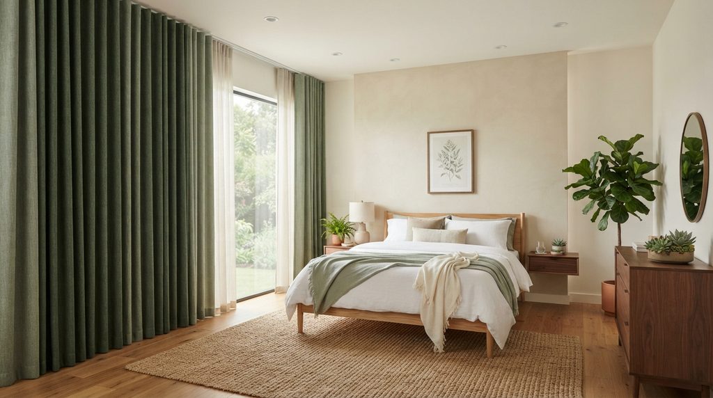 20 Bedroom Curtain Ideas for Modern Interiors 16 Sage green curtains in a modern nature-inspired bedroom