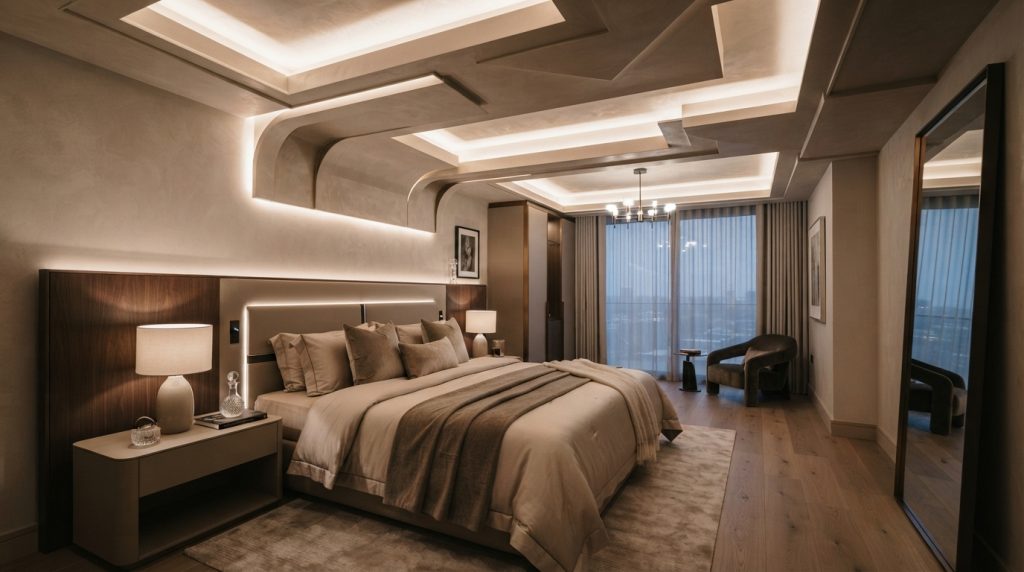 Luxurious master bedroom ceiling with layered design and integrated lighting