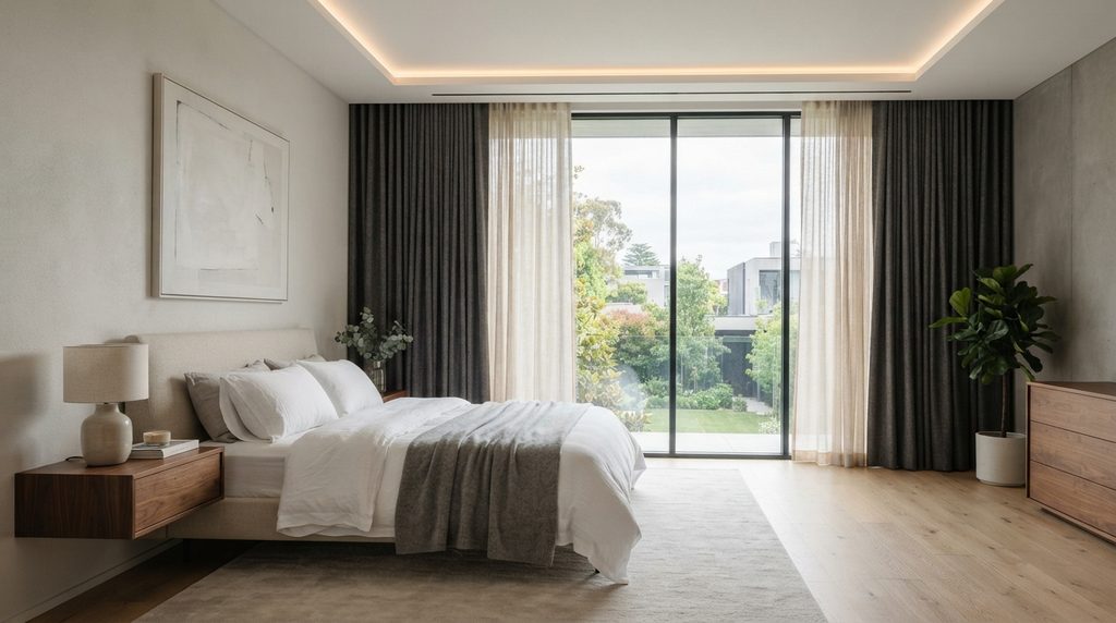 20 Bedroom Curtain Ideas for Modern Interiors 6 Layered sheer and blackout curtains in a stylish modern bedroom