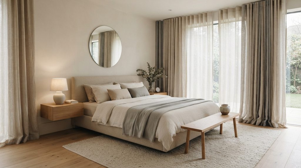 20 Bedroom Curtain Ideas for Modern Interiors 4 Neutral beige curtains in a modern bedroom