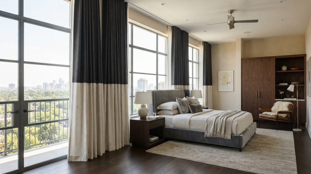 20 Bedroom Curtain Ideas for Modern Interiors 12 Two-tone curtains creating contrast in a modern bedroom