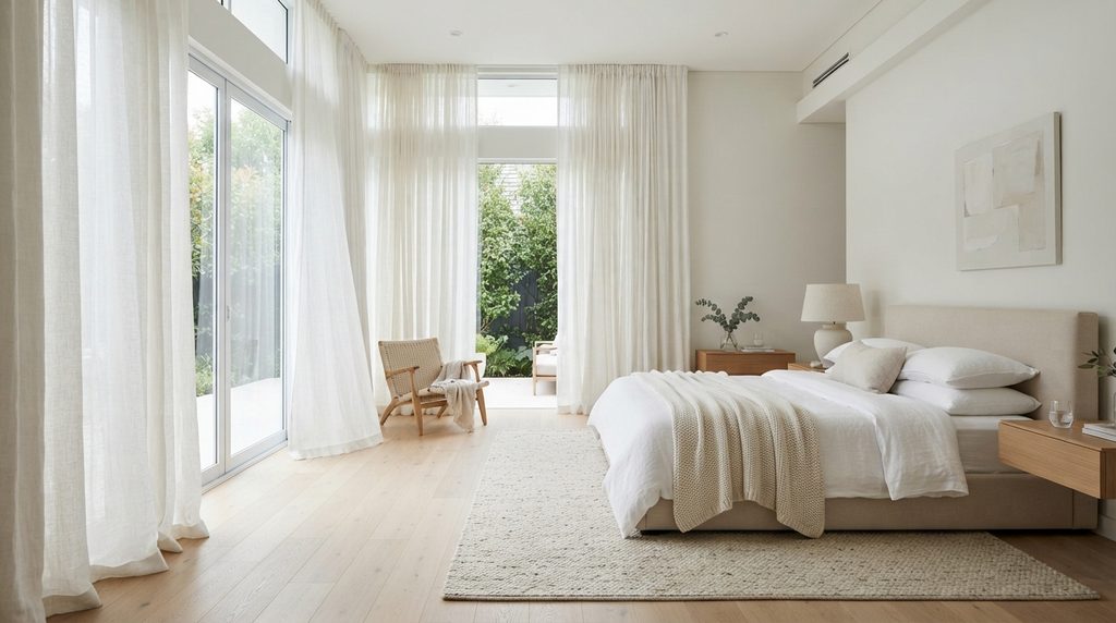 20 Bedroom Curtain Ideas for Modern Interiors 5 White curtains creating a bright minimalist modern bedroom