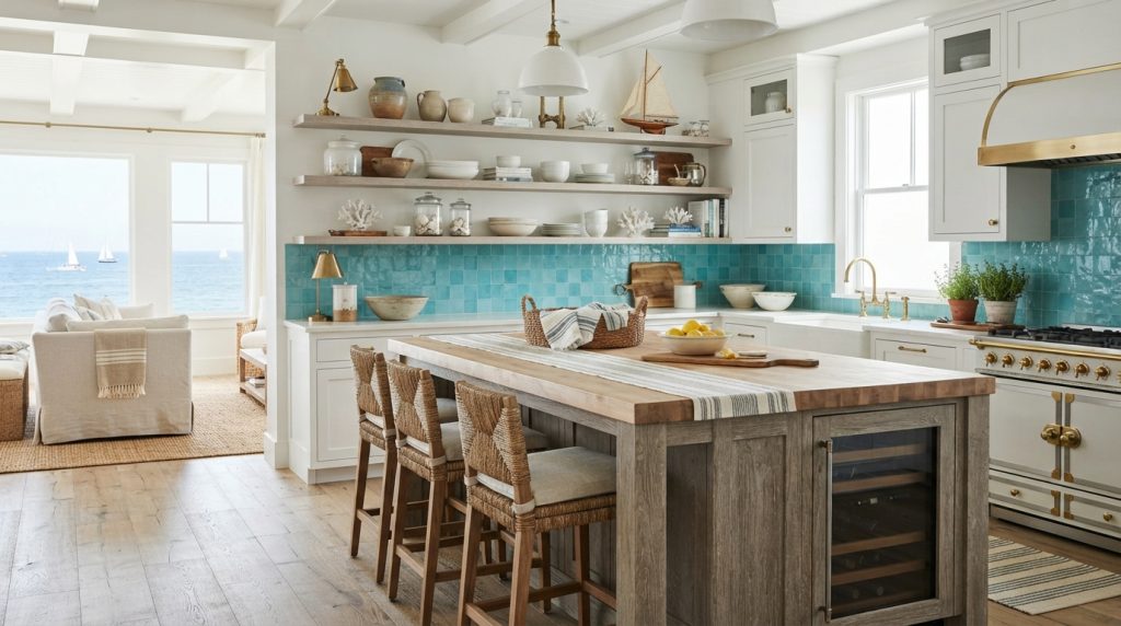 Coastal open kitchen design ideas with white cabinets, light wood and blue accents