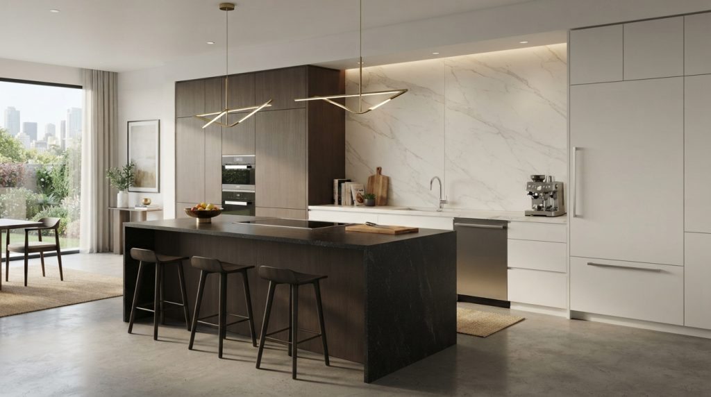 Modern open kitchen design ideas with sleek cabinets and large kitchen island