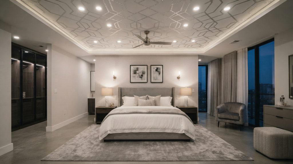 Luxury bedroom ceiling with elegant gold metallic accents