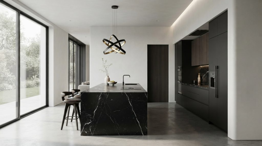 Minimalist open kitchen design ideas with handleless cabinets and clean countertops