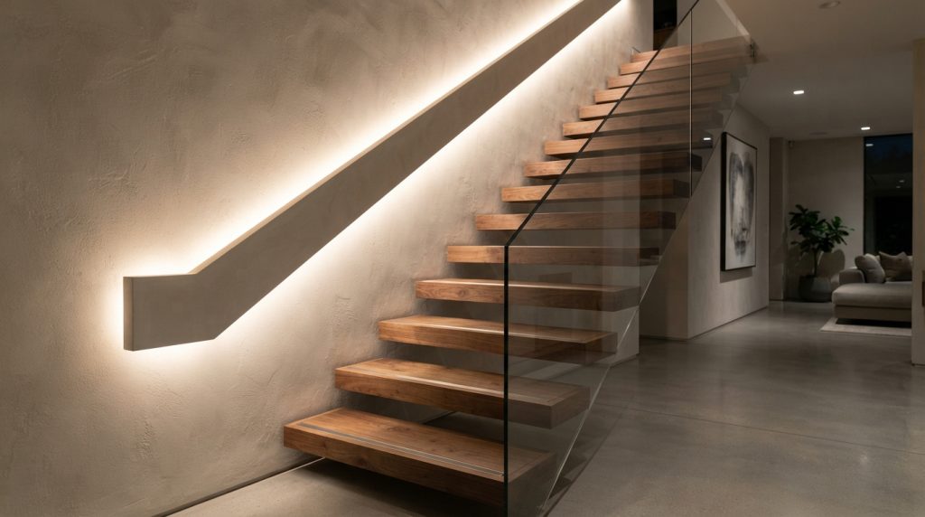 Cozy wooden staircase with warm white LED lighting