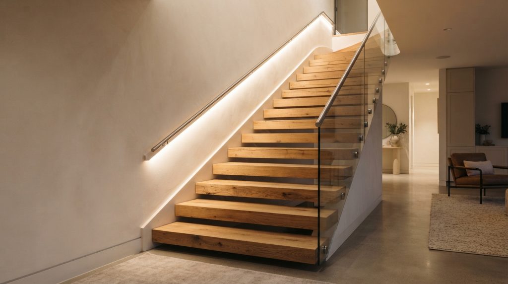 Natural wooden staircase with warm concealed lighting