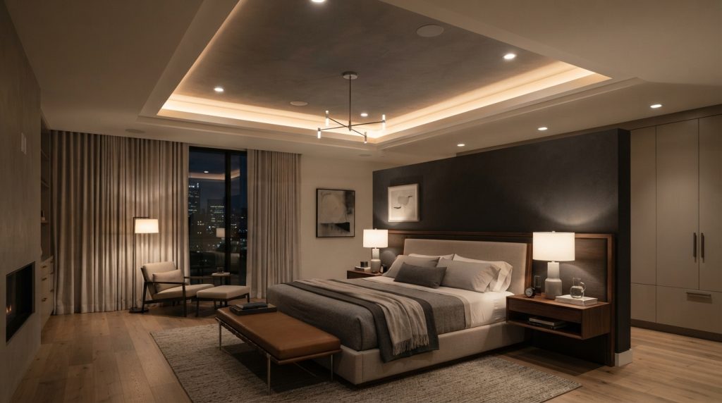 Luxury bedroom with tray ceiling and soft LED lighting