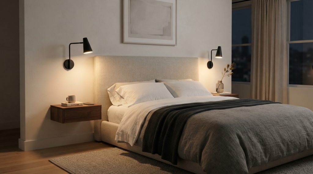 20 Bedroom Lighting Ideas featuring modern wall sconces beside the bed