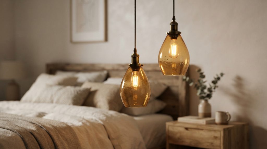 20 Bedroom Lighting Ideas featuring warm pendant lights beside a cozy bed
