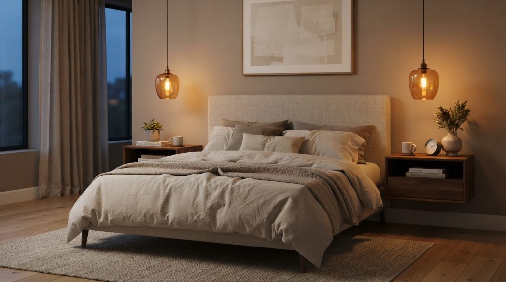 20 Bedroom Lighting Ideas with pendant lights above bedroom nightstands