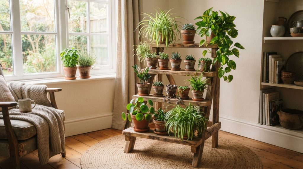 Indoor plant decor ideas with wooden plant stands