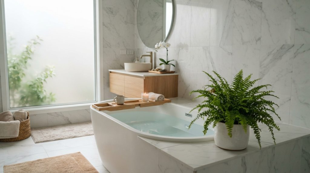 Indoor plant decor ideas with plants in a modern bathroom